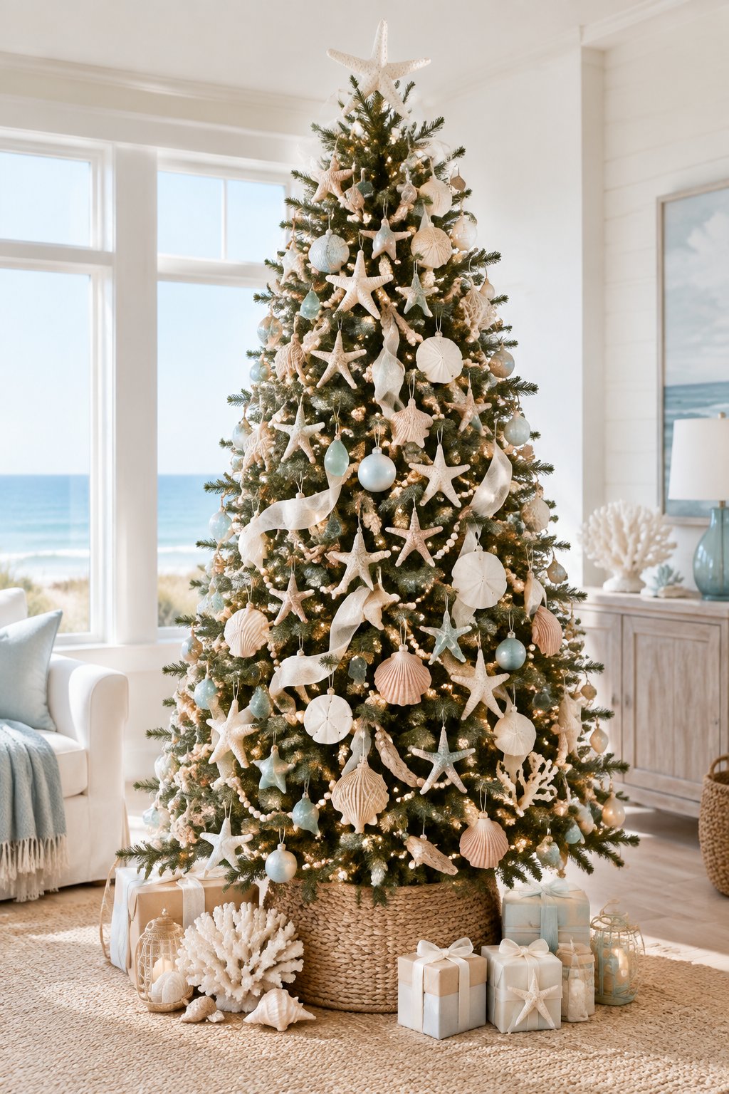 A coastal-themed Christmas tree decorated with seashells, starfish, pearls, ribbons, and warm lights in a bright seaside-inspired room.