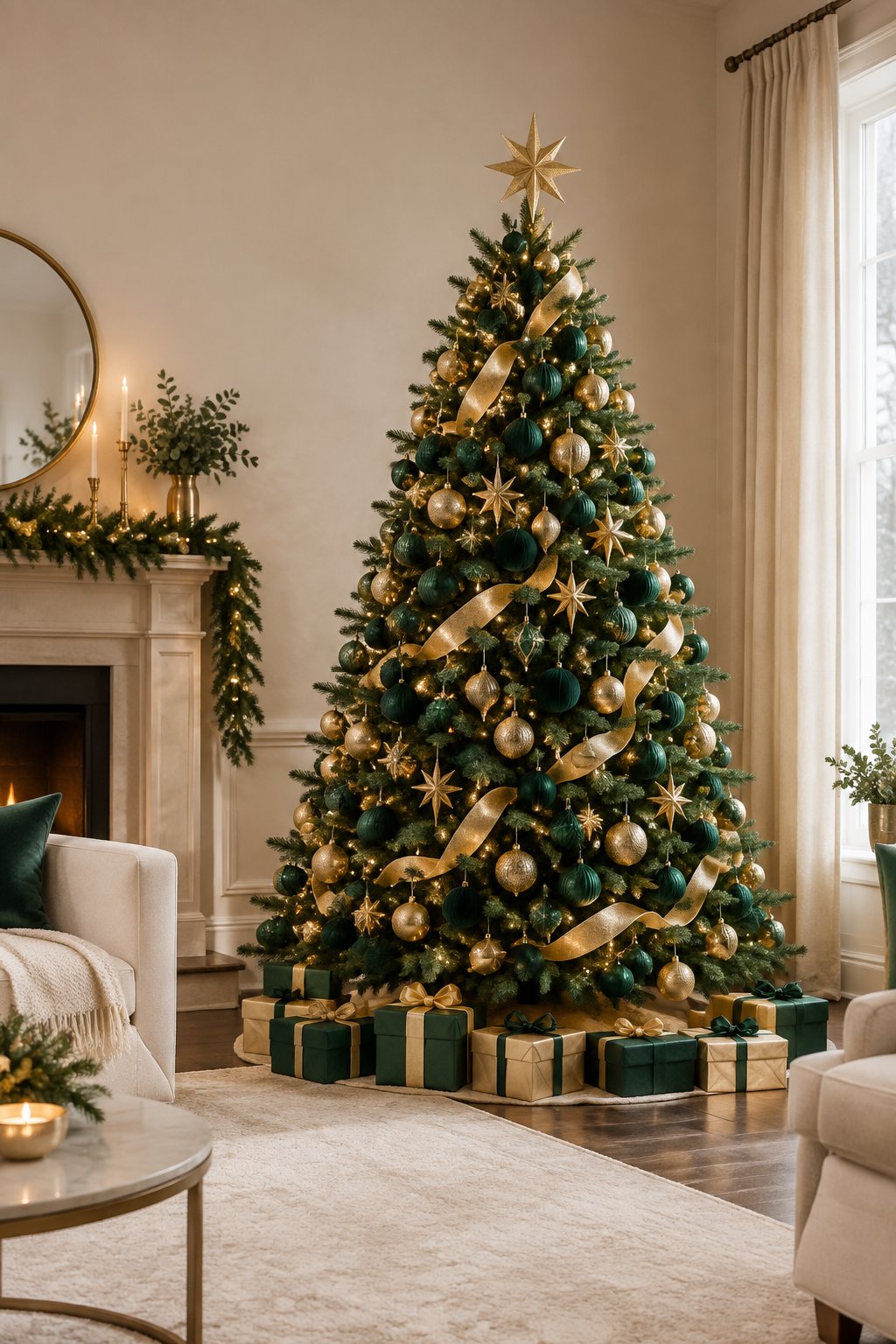 An emerald green and gold Christmas tree decorated with ornaments and lights in a cozy living room.