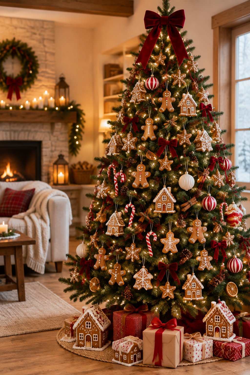 A gingerbread-themed Christmas tree decorated with cookies, candies, ribbons, and glowing lights in a cozy room.