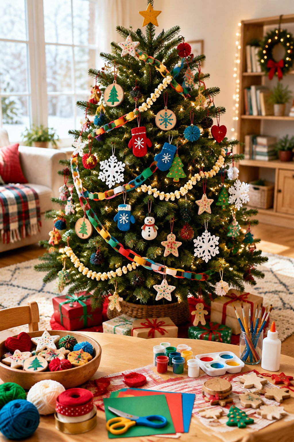 A small Christmas tree decorated with colorful handmade ornaments beside a table of children's craft supplies.