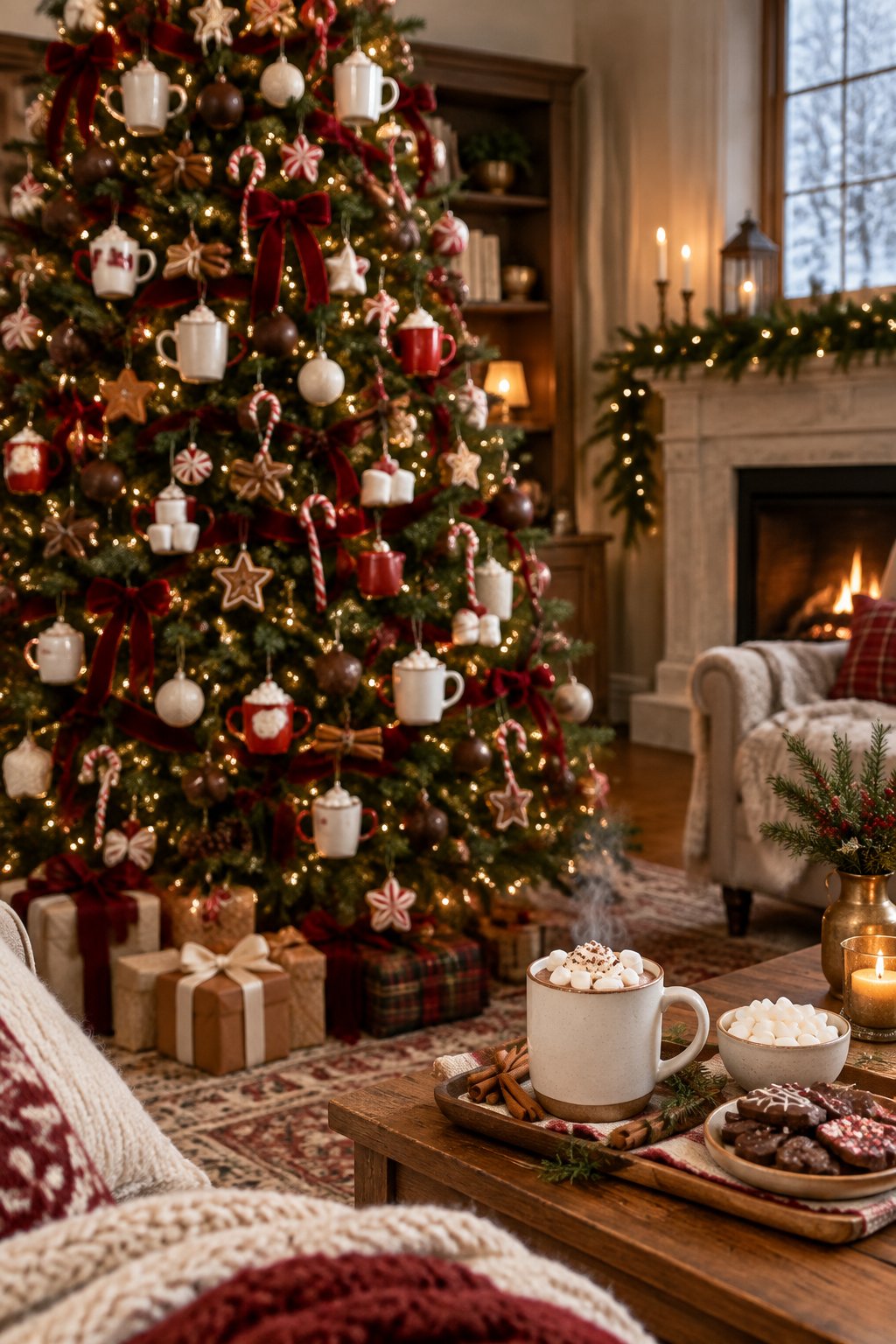 A hot cocoa-themed Christmas tree beside a festive station with mugs, marshmallows, and wrapped gifts.