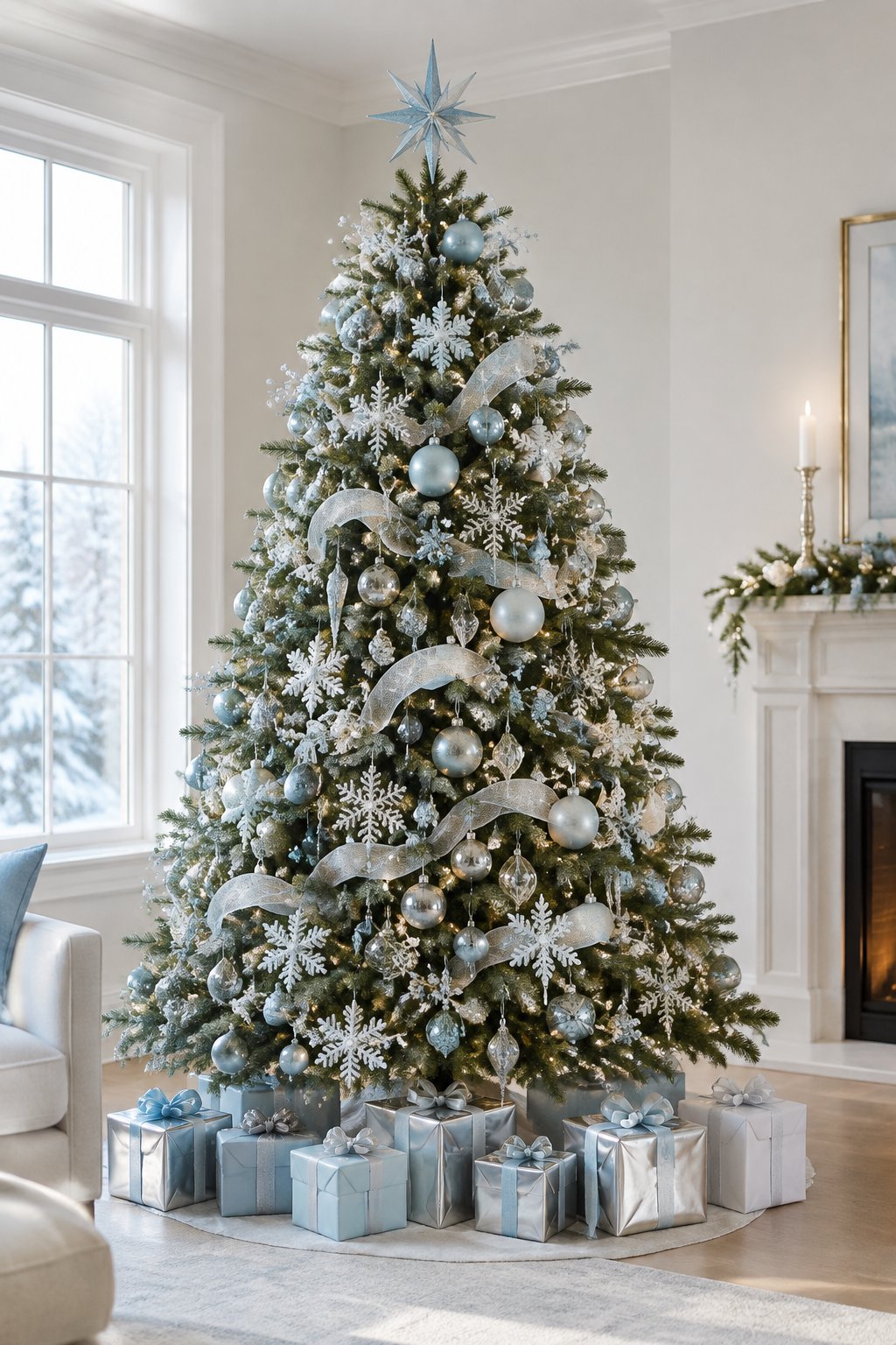 An elegantly decorated icy blue and silver Christmas tree stands in a bright living room with wrapped gifts beneath it.