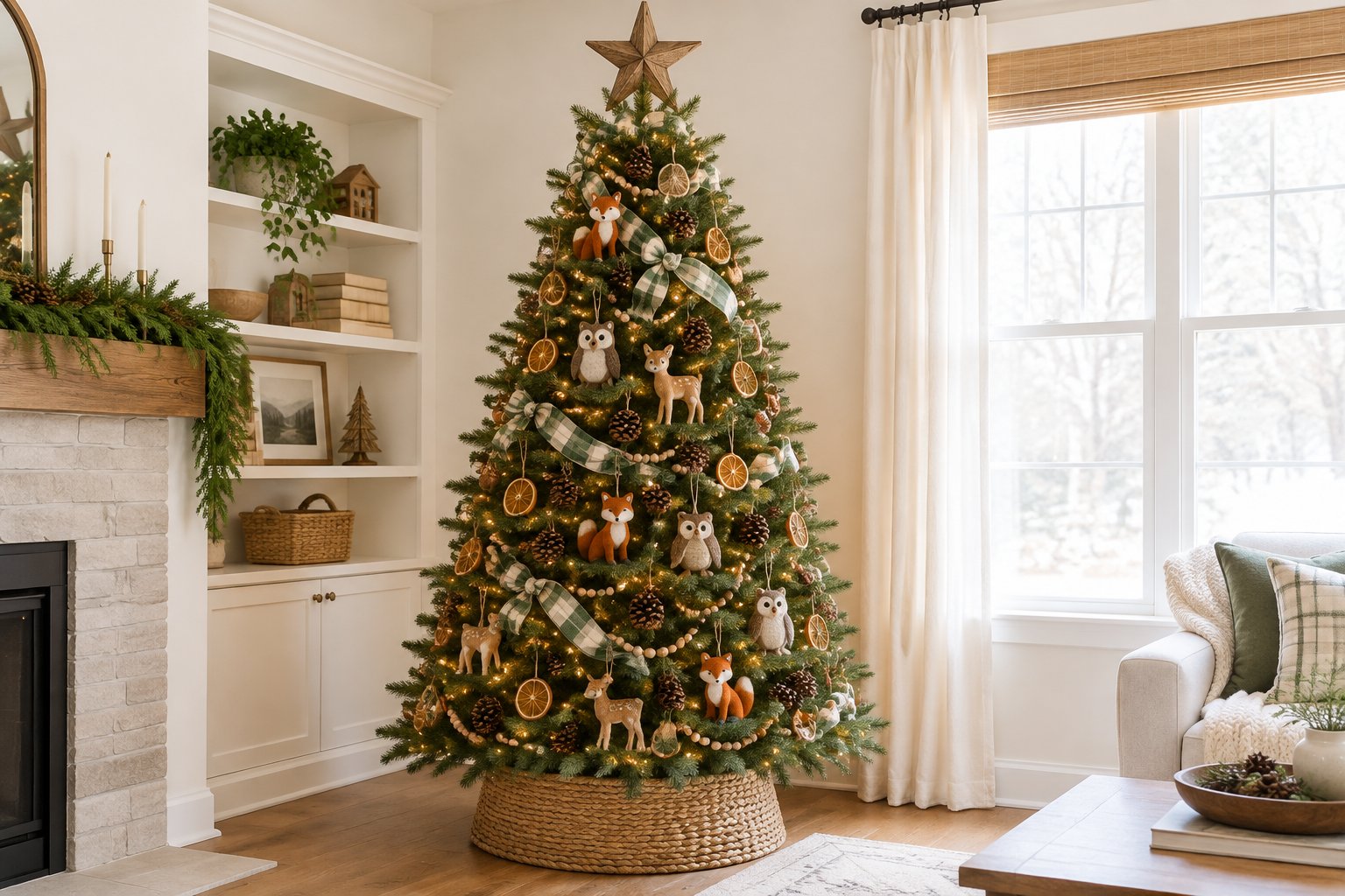 A woodland theme Christmas tree with fox, owl and deer ornaments, dried orange slices, pinecones and plaid ribbon in a woven basket collar, in a bright living room.
