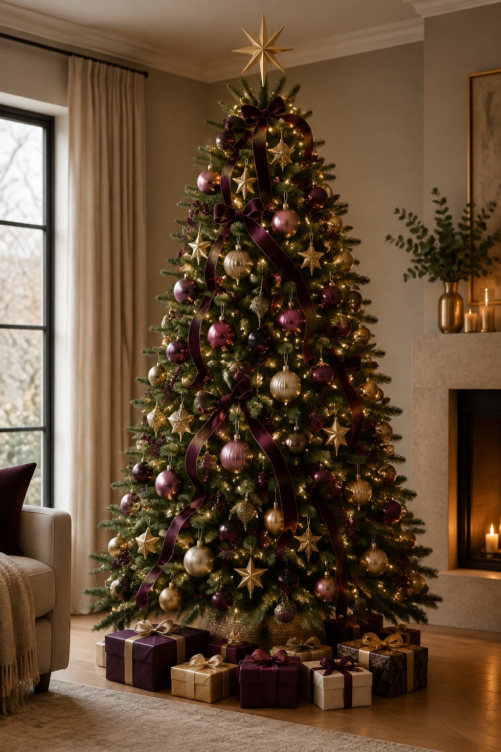 A decorated Christmas tree with plum and gold ornaments and wrapped presents in a cozy living room.