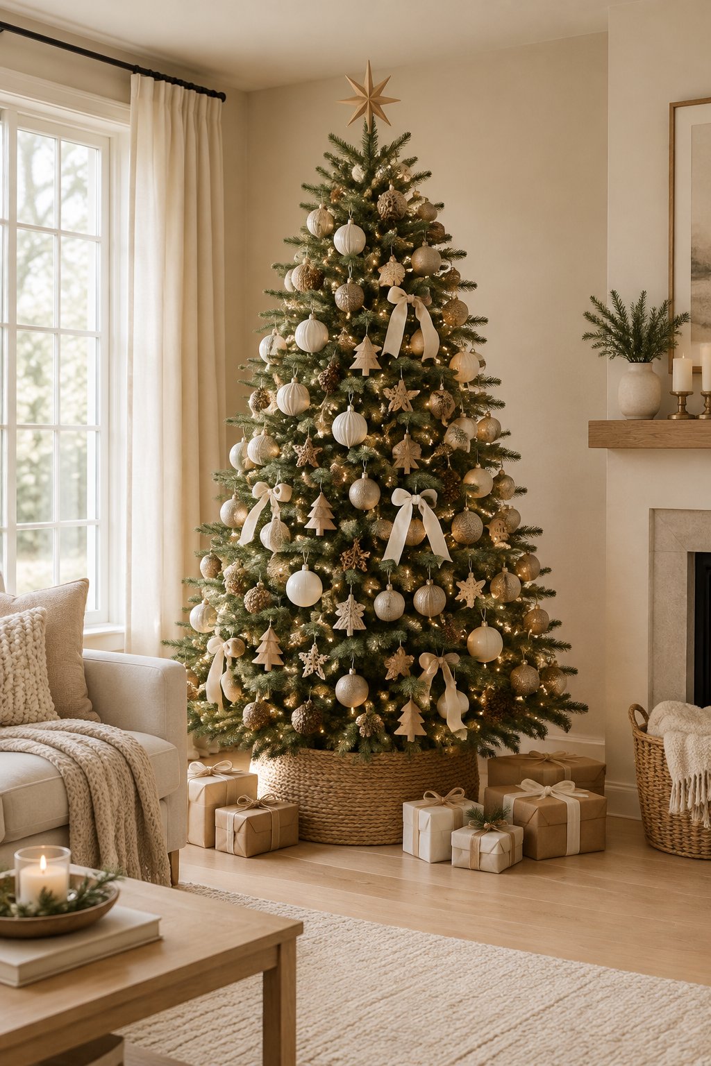 A neutral cream and beige Christmas tree stands in a bright modern living room with warm lights and wrapped gifts.