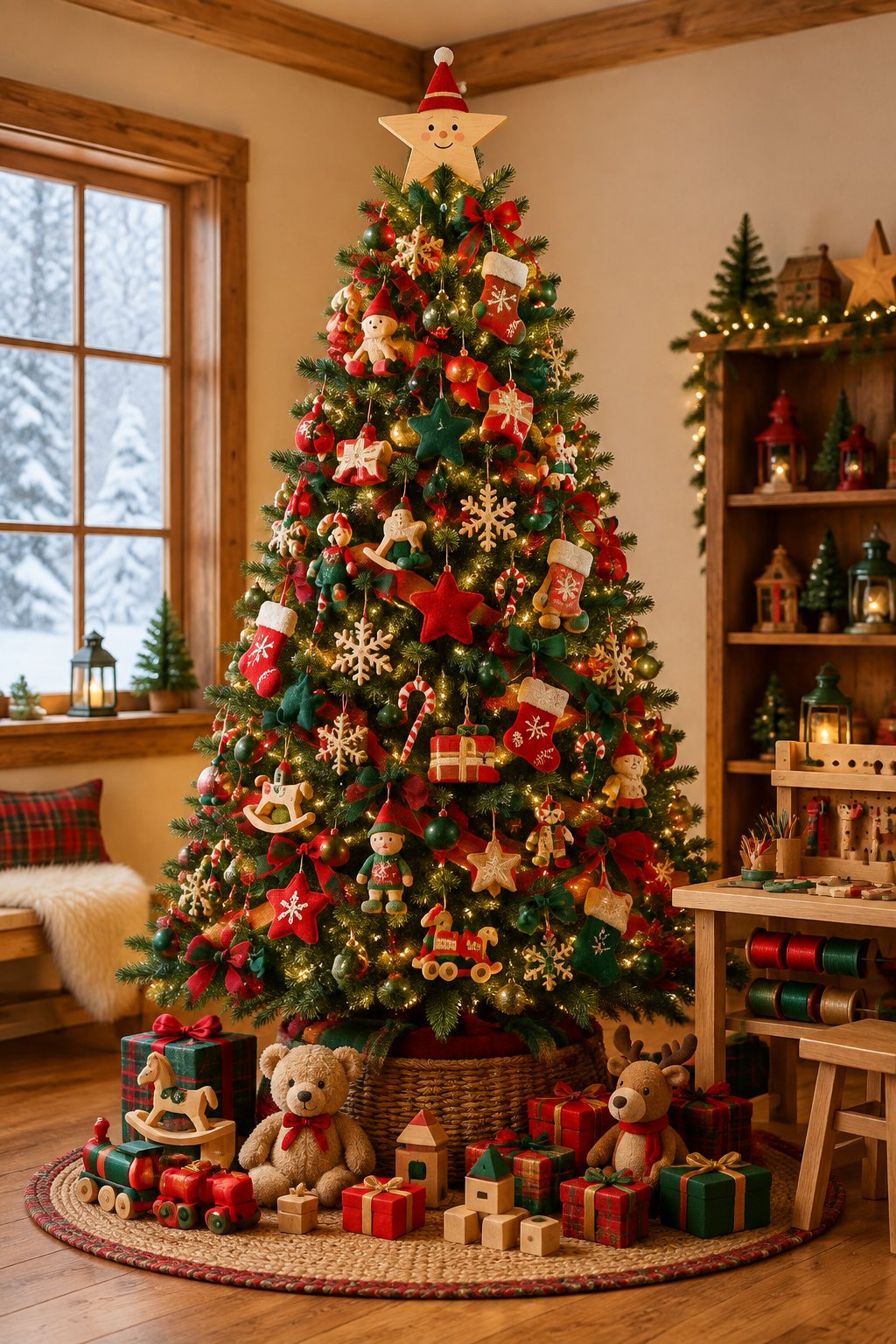 A colorful Christmas tree decorated with toys, presents, ribbons, and handmade ornaments in a cozy North Pole workshop setting.
