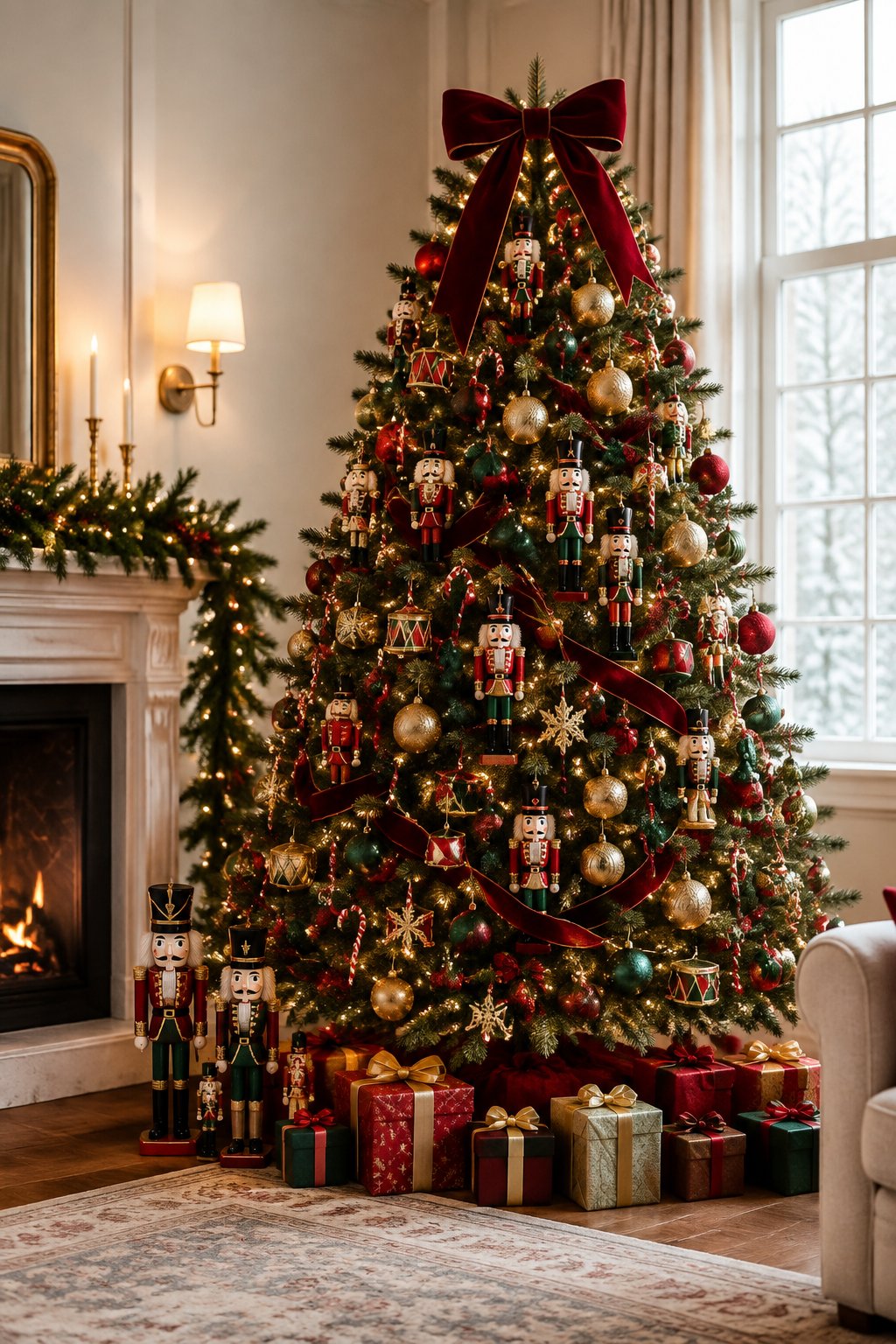 A traditional Christmas tree decorated with nutcracker soldiers, red and gold ornaments, warm lights, and presents.