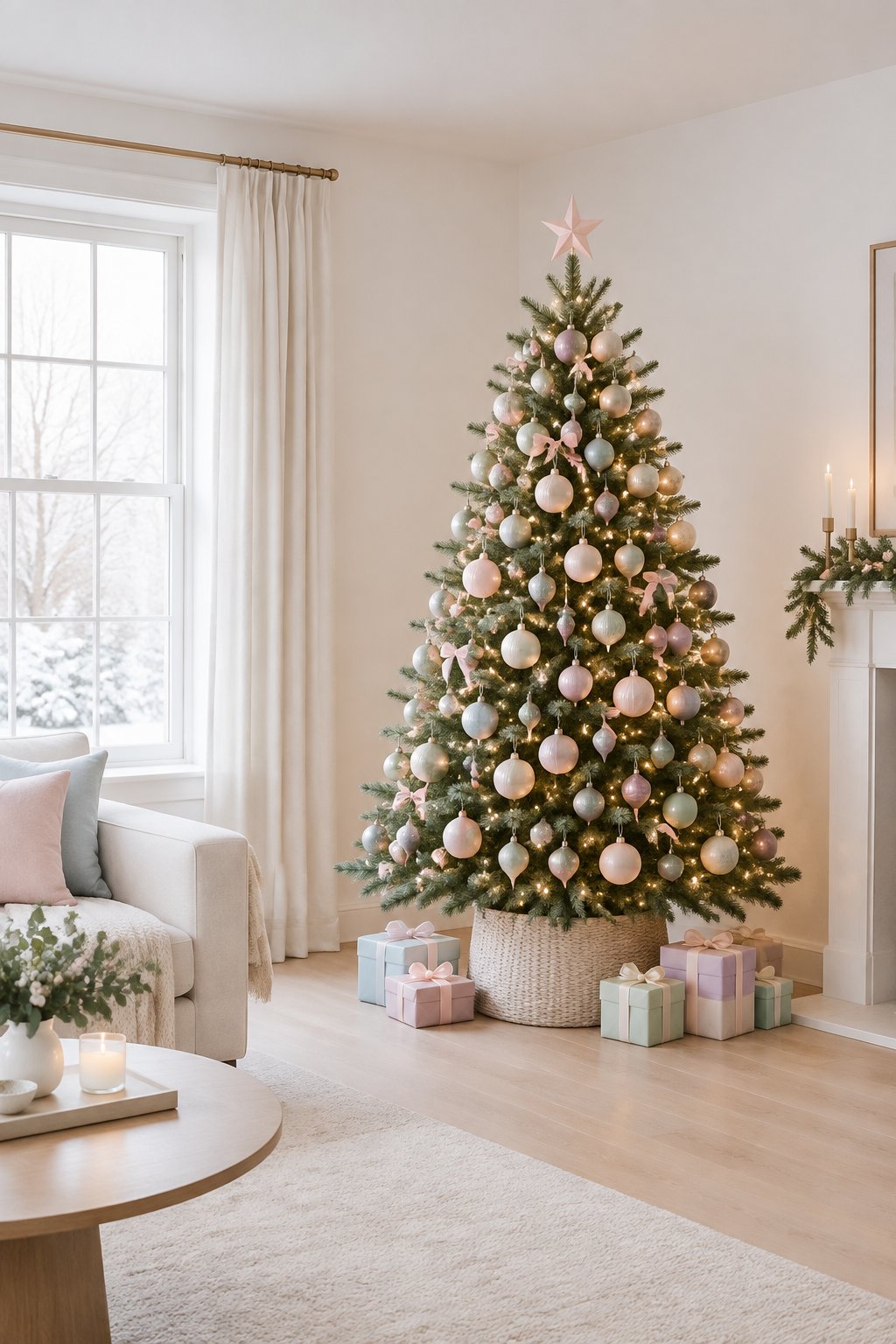A pastel-decorated Christmas tree stands in a bright modern living room beside wrapped gifts.