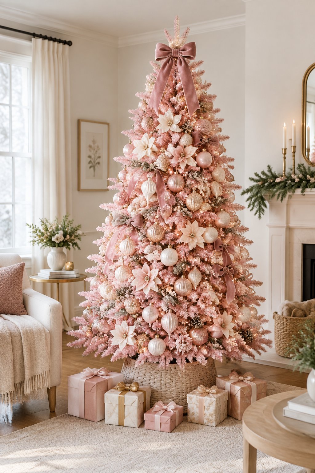 A pink Christmas tree decorated with warm lights, ornaments, ribbons, and gifts in a cozy living room.