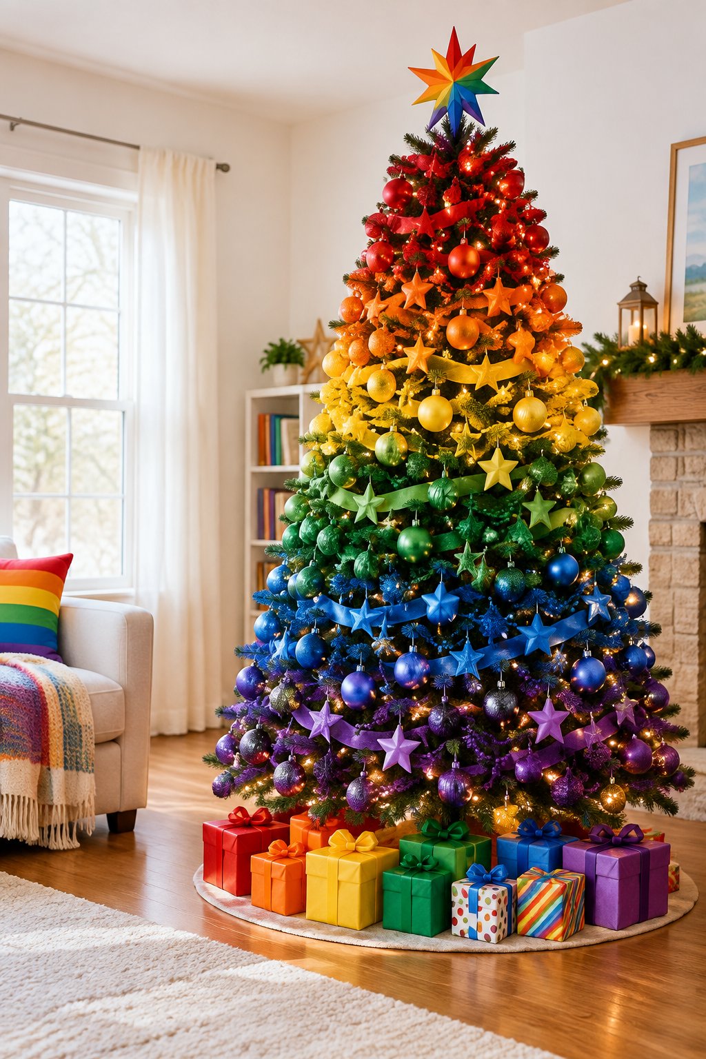 A colorful rainbow-themed Christmas tree with lights and wrapped gifts in a cozy living room.
