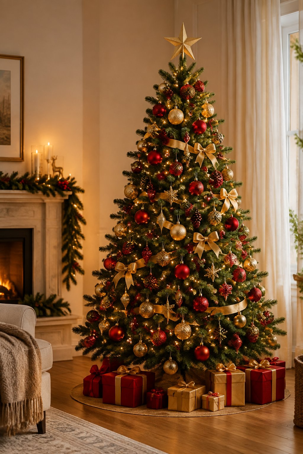 A decorated Christmas tree with red and gold ornaments and warm lights in a cozy living room.