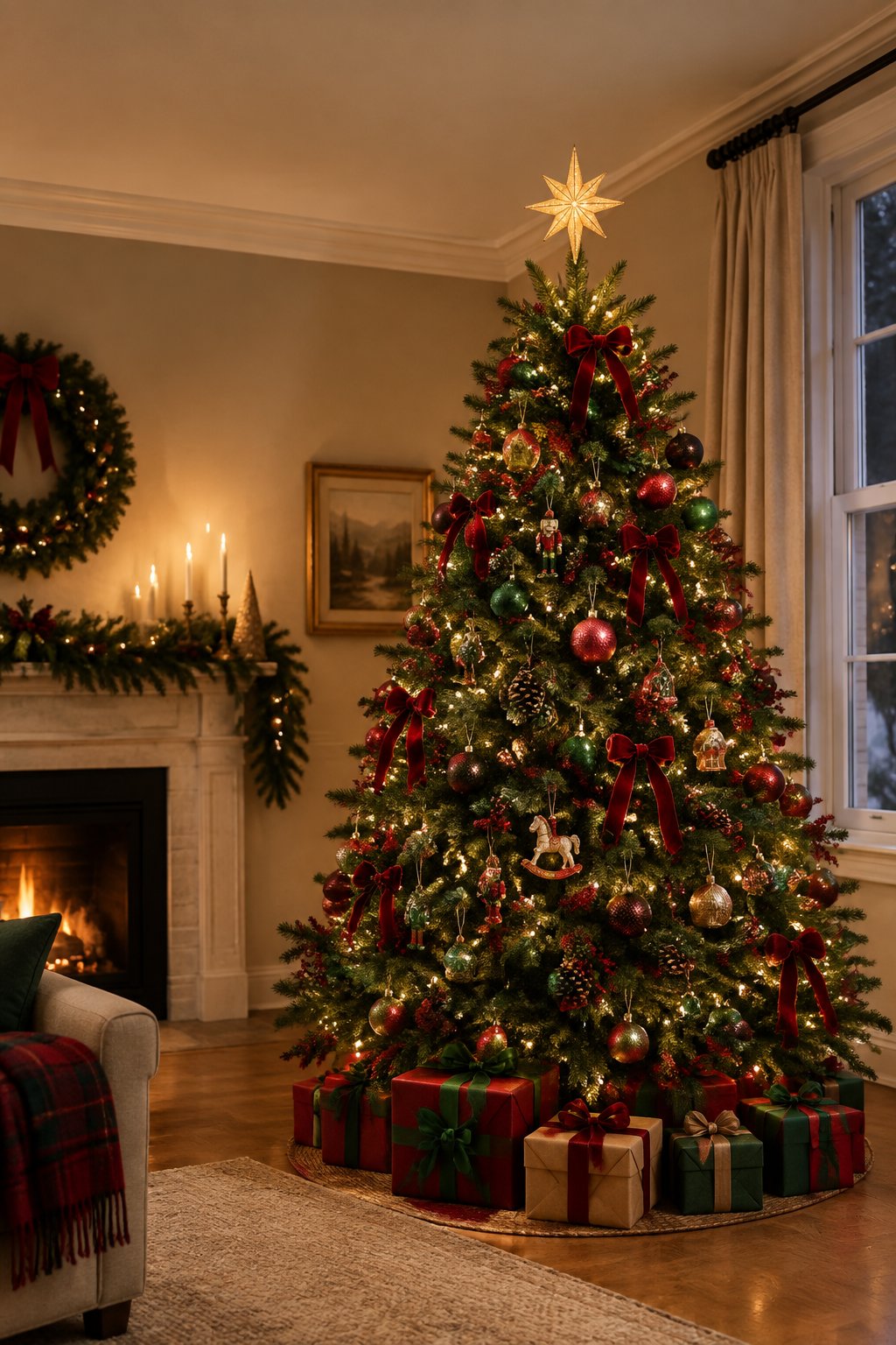 A traditional green Christmas tree decorated with red ornaments, warm lights, and wrapped presents.