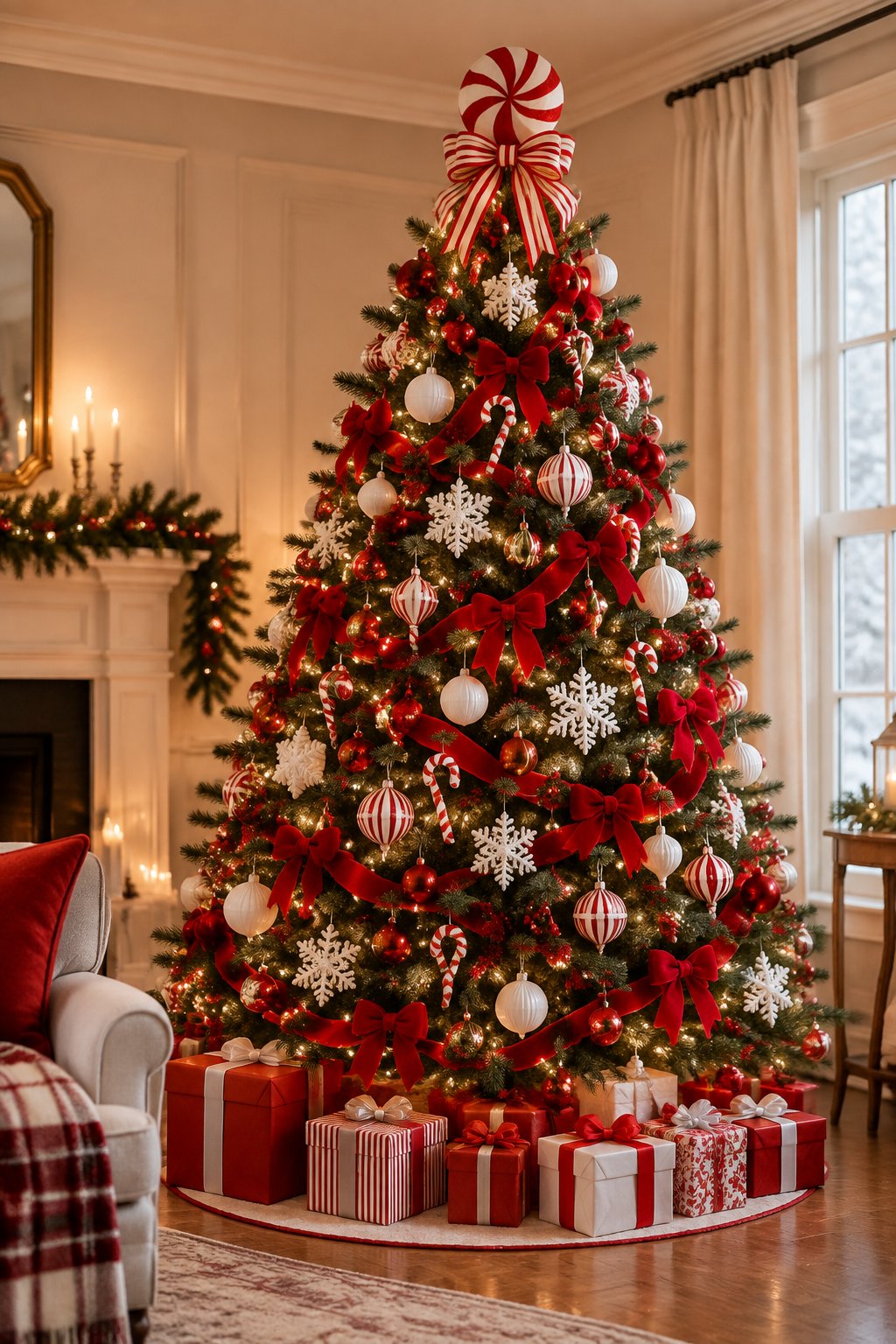 A Christmas tree decorated with red and white candy cane ornaments, ribbons, lights, and presents.