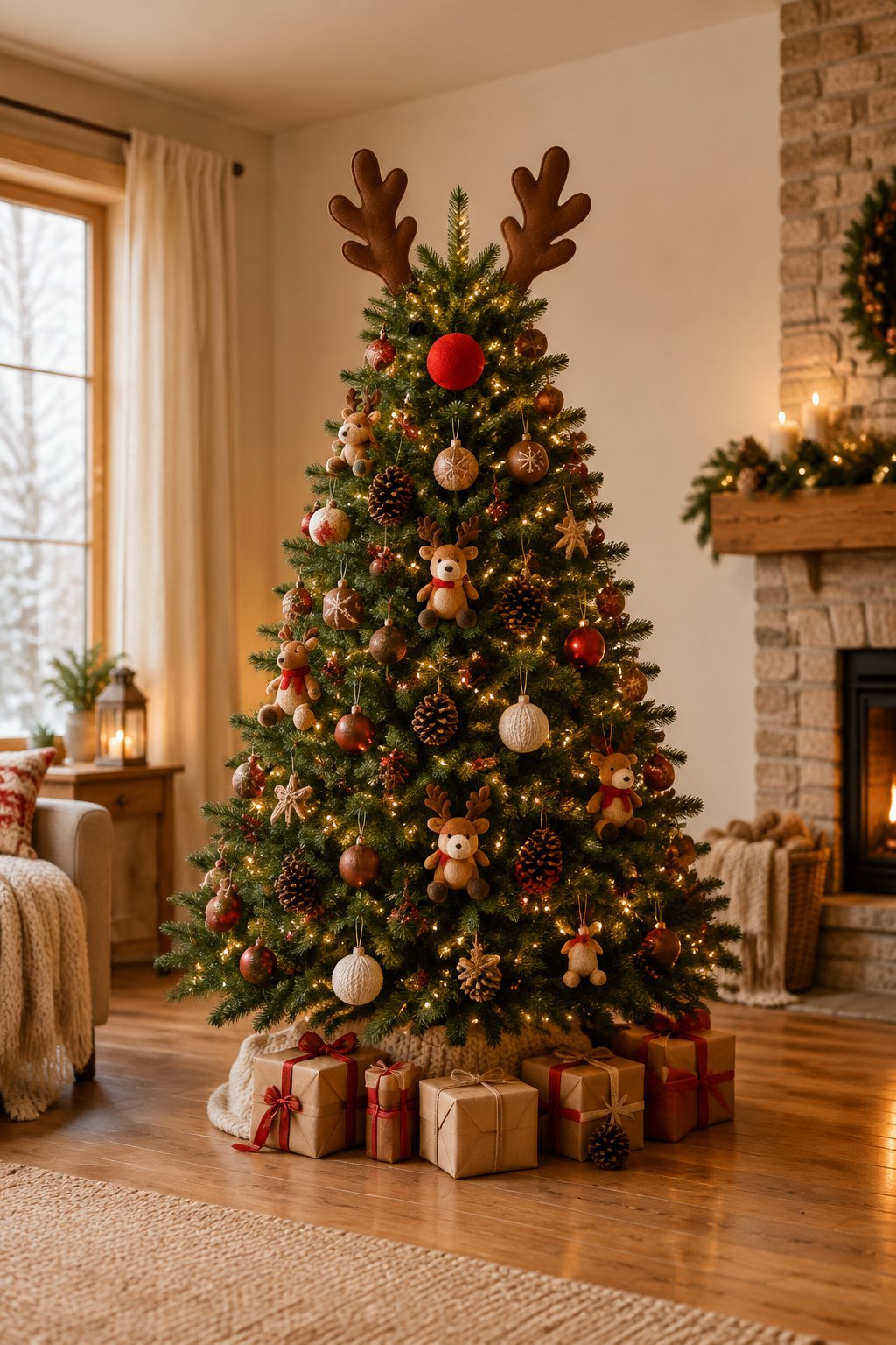 A festive Christmas tree decorated with reindeer ornaments and wrapped presents in a cozy living room.