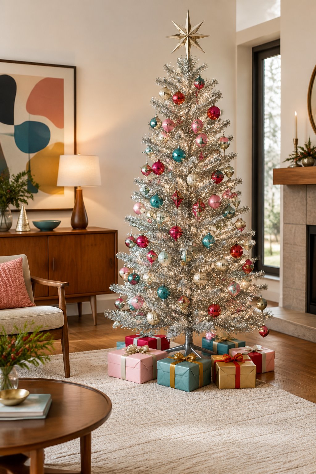 A silver tinsel Christmas tree with colorful ornaments and wrapped gifts in a modern living room.