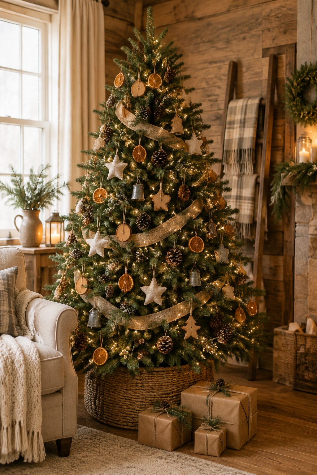 A rustic farmhouse Christmas tree decorated with natural ornaments and warm lights in a cozy living room.