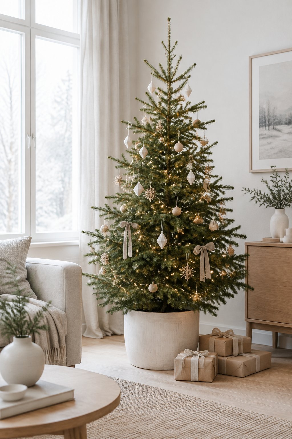 A minimalist Christmas tree decorated with warm lights and simple ornaments in a bright neutral living room.