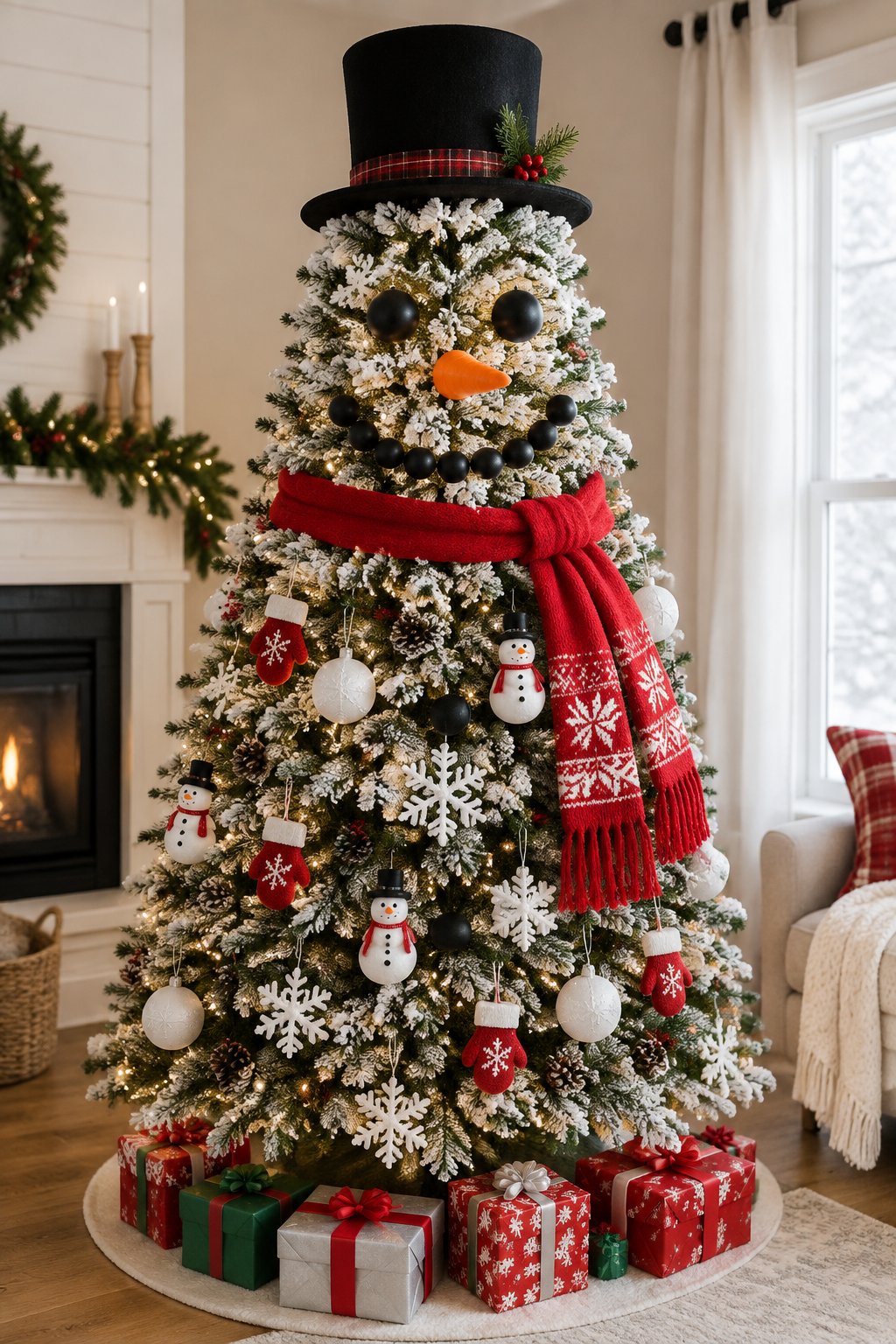 A snowman-themed Christmas tree with a black top hat, carrot nose, coal-style face, red scarf, lights, and wrapped presents.