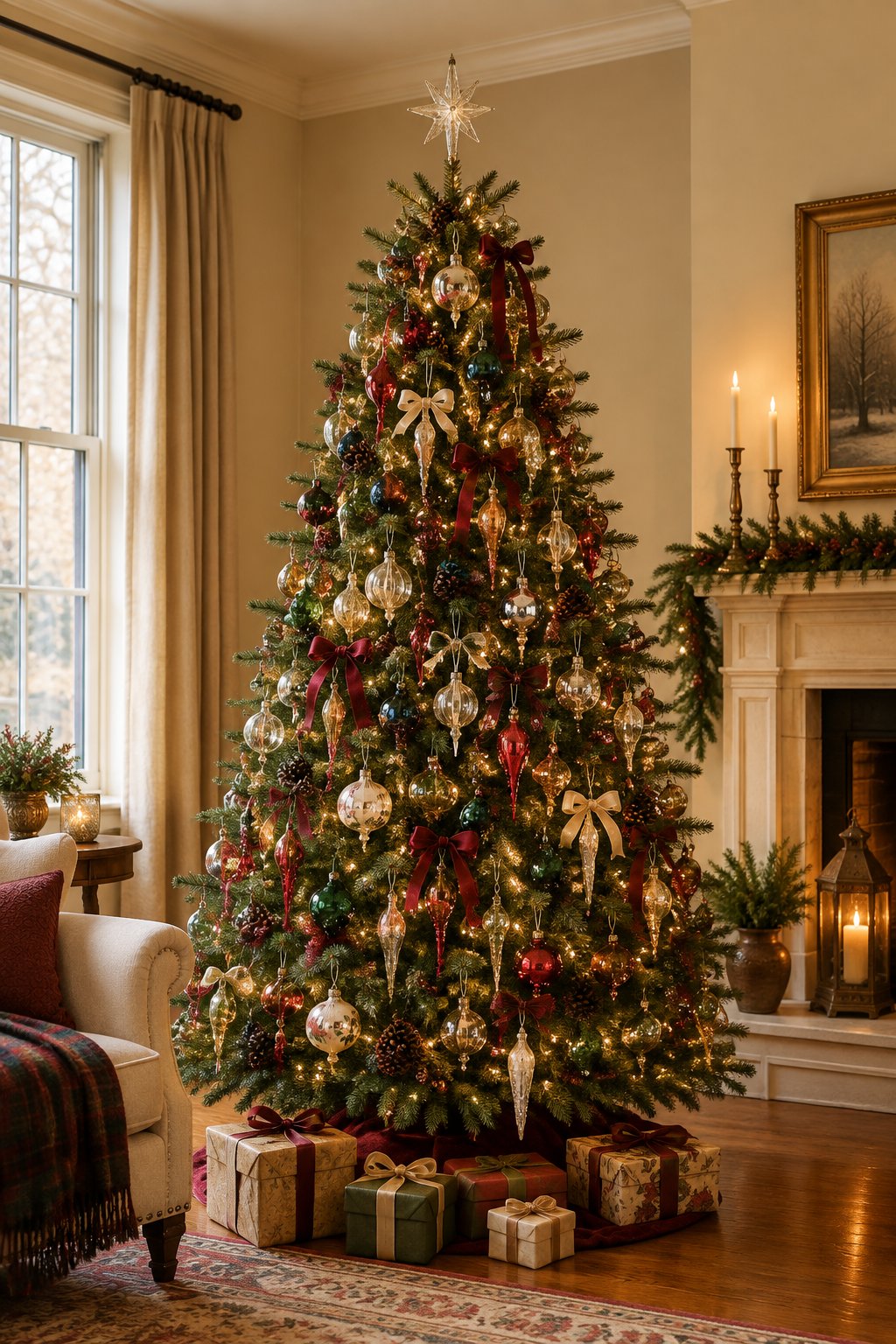 A traditional Christmas tree decorated with colorful vintage glass ornaments and warm white lights in a cozy living room.