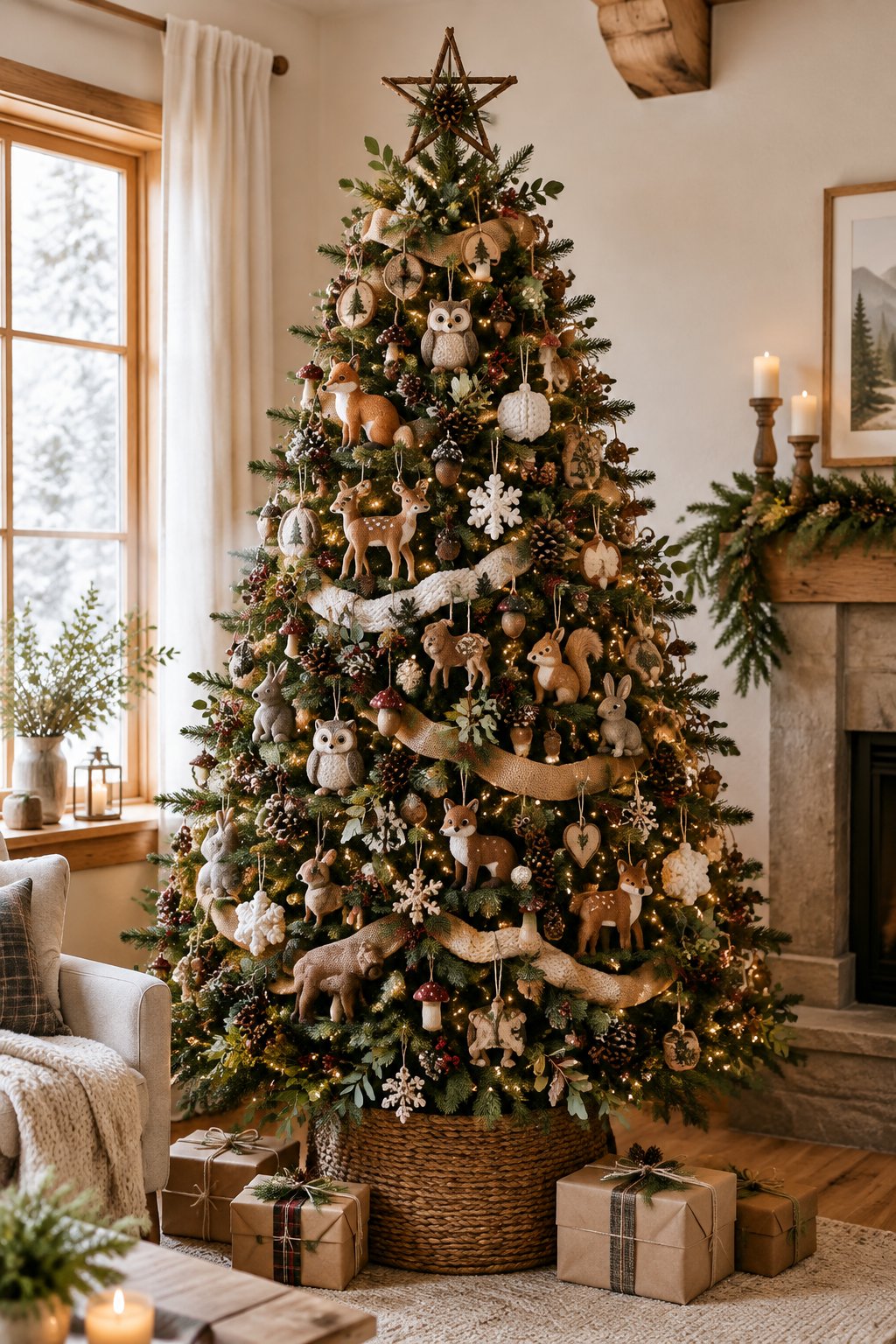 A decorated Christmas tree featuring woodland animal ornaments, pinecones, warm lights, and rustic wrapped gifts.