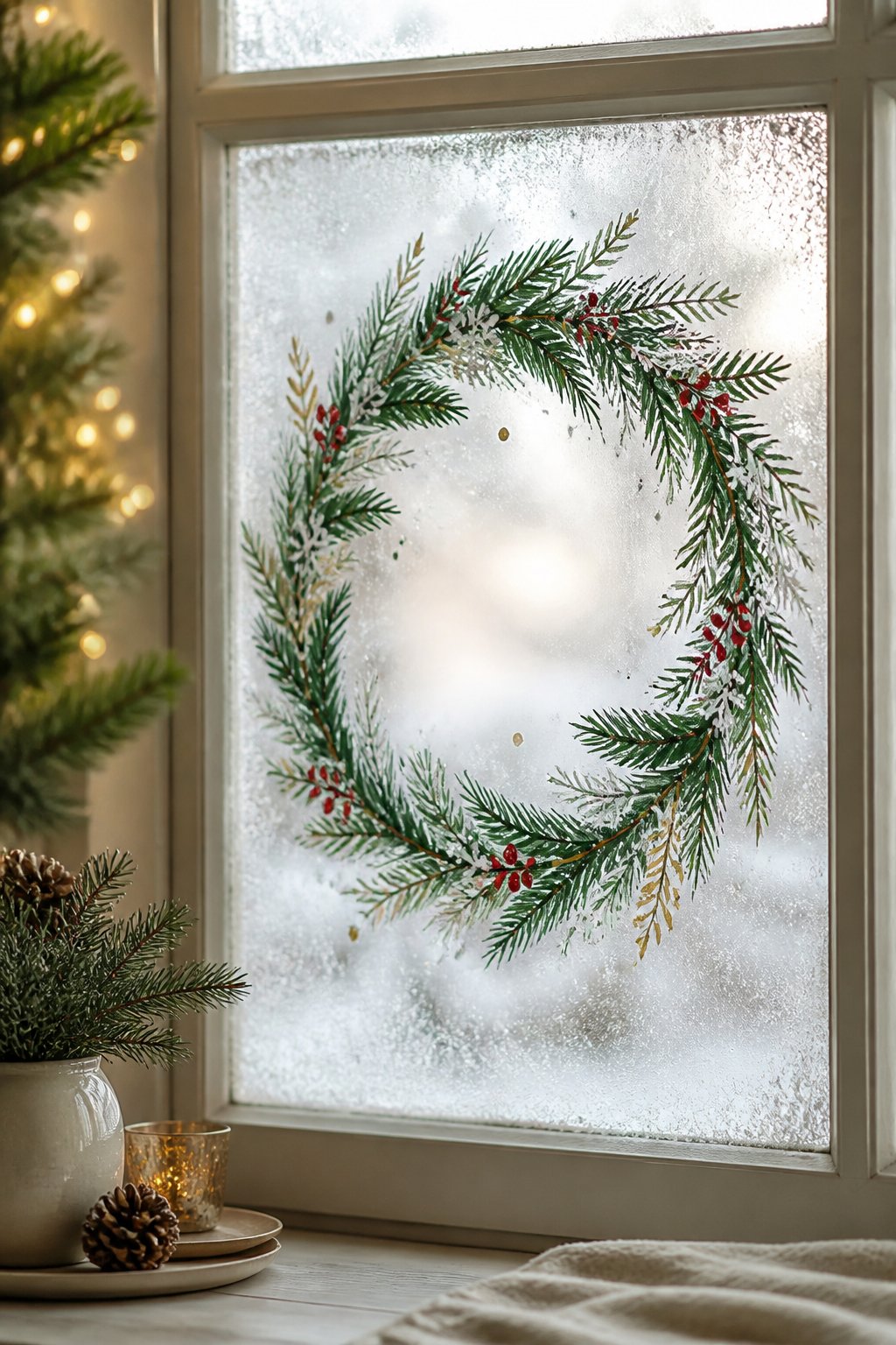 Frosted Windowpane Wreath - christmas window painting ideas