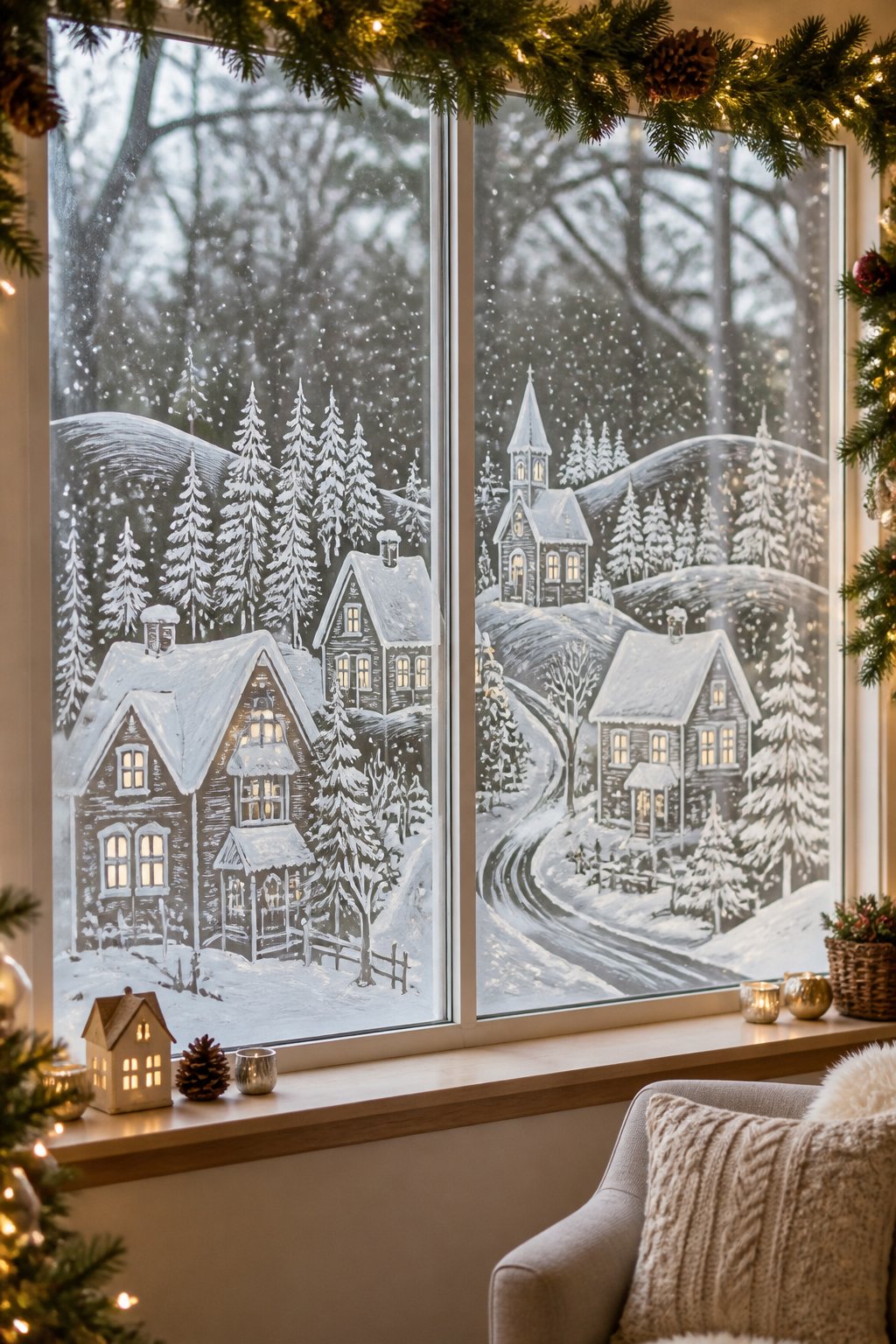 Hand-Drawn Village - christmas window painting ideas