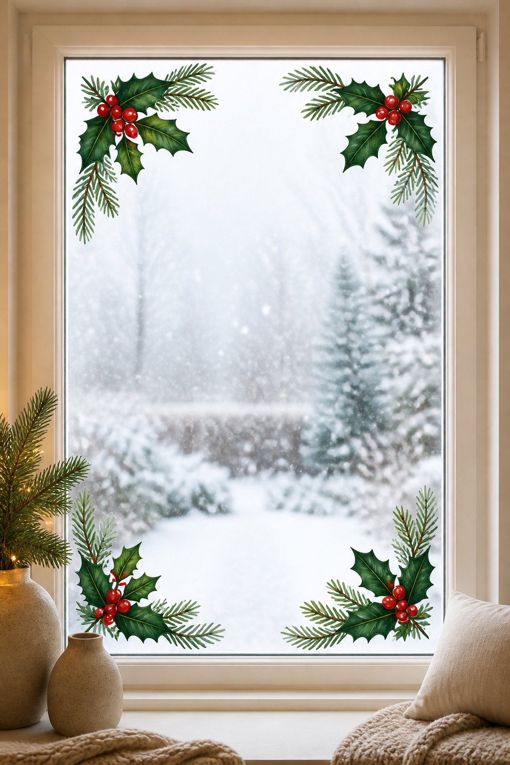 Holly Corner Clusters - christmas window painting ideas