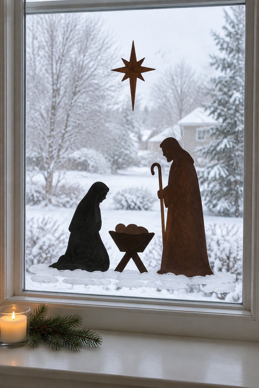 Dark painted silhouettes of Mary, Joseph and the manger under a single star on a snowy window