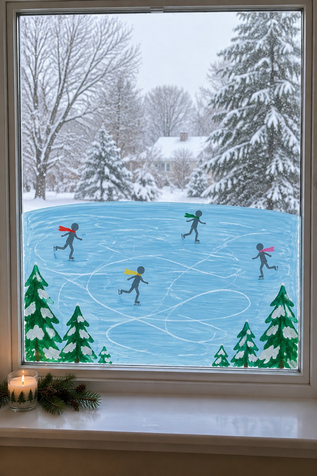 Painted frozen pond with small dark skater figures in bright scarves and snowy pine trees
