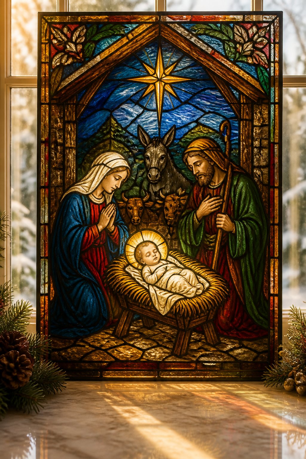 Stained-Glass Nativity Panel - christmas window painting ideas