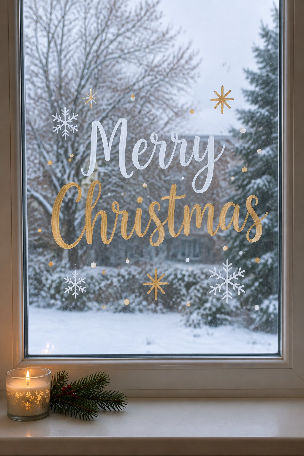 Merry Christmas hand-lettered in white and gold on a window with small snowflakes and stars
