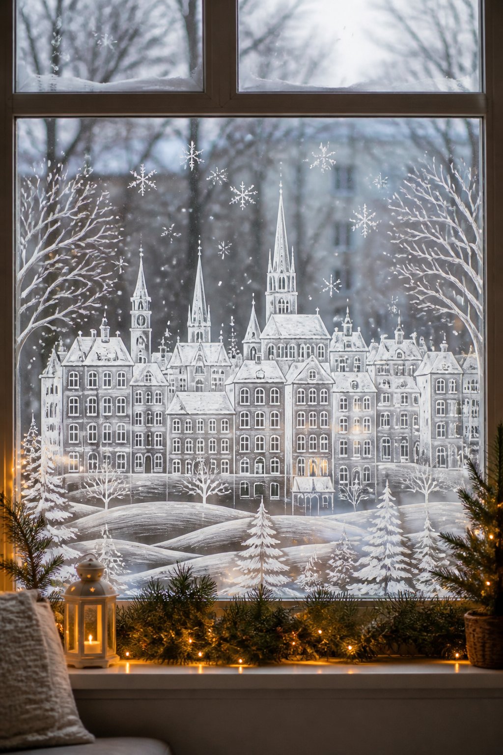 Winter City Silhouette - christmas window painting ideas