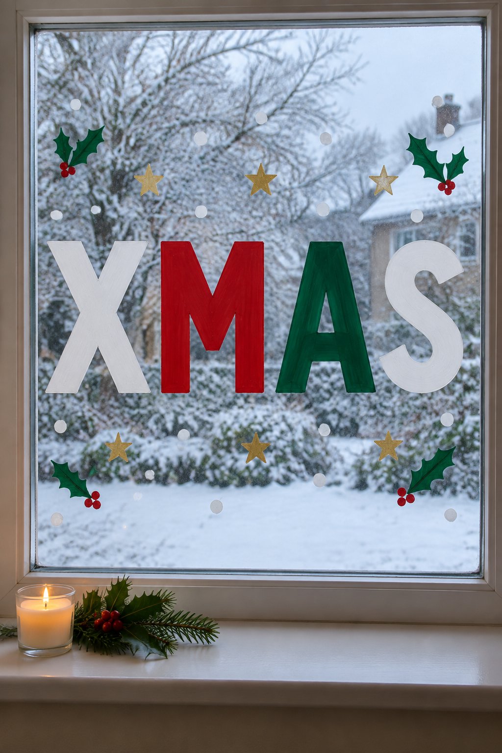 XMAS in bold white, red and green block letters on a window with holly and gold stars