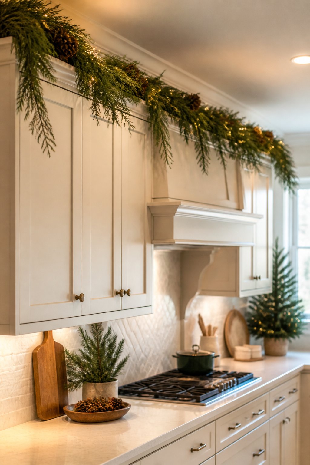 Command-Hooked Cedar - decorate kitchen cabinets for christmas