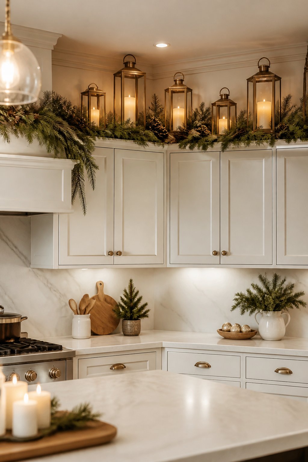 Evergreen With Tall Candle Lanterns - decorate kitchen cabinets for christmas