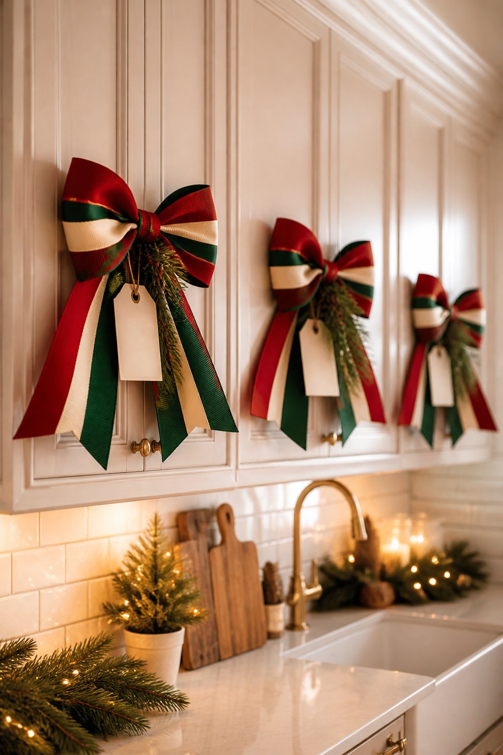 Grosgrain Stripes + Tags - decorate kitchen cabinets for christmas
