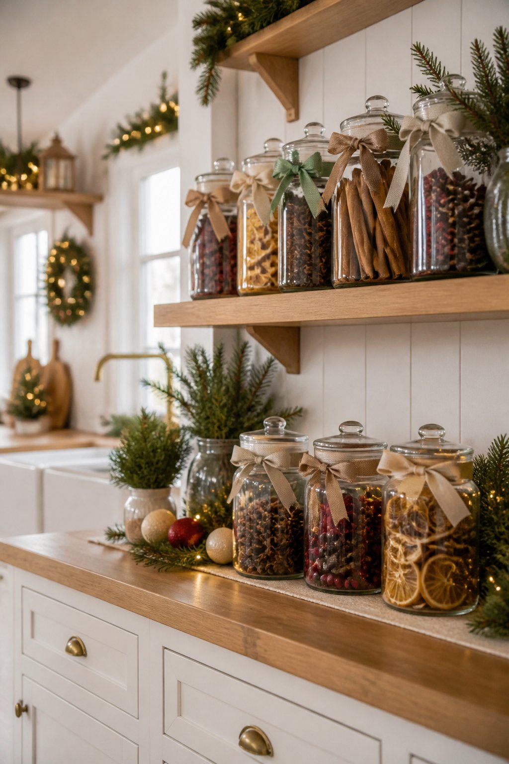 Label-and-Ribbon Jars - decorate kitchen cabinets for christmas