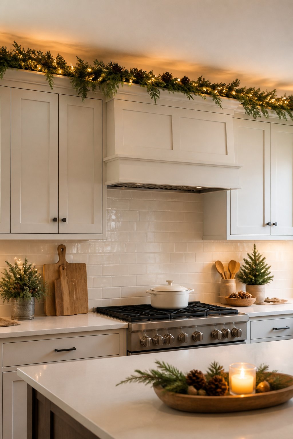 Low Cedar Run + Warm Lights - decorate kitchen cabinets for christmas