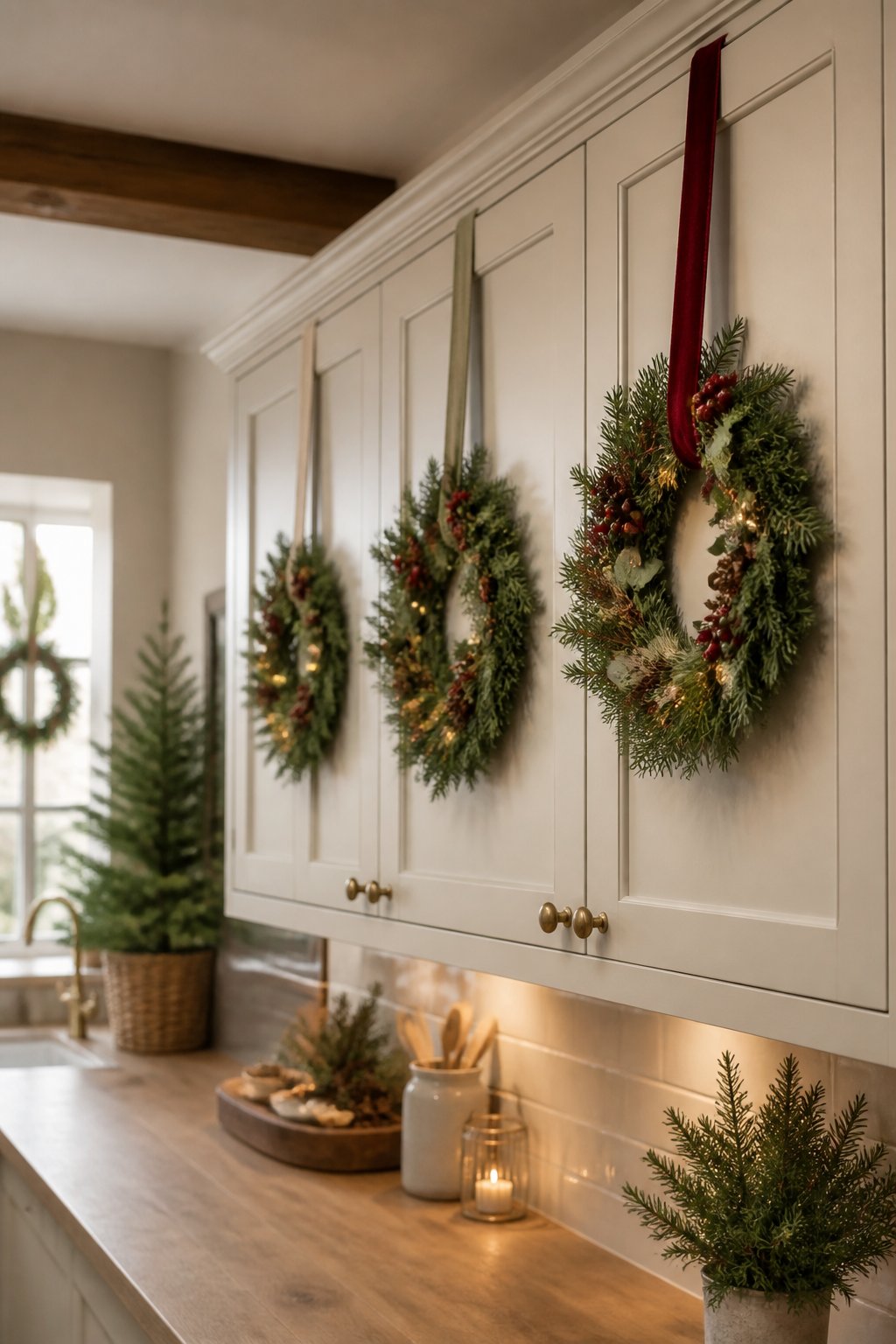 Mini Wreaths on Cupboard Doors - decorate kitchen cabinets for christmas