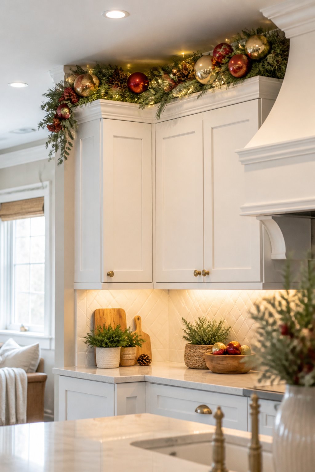 Ornament Cluster Corners - decorate kitchen cabinets for christmas
