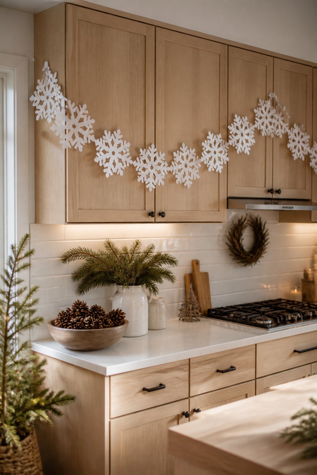 Paper Snowflake Chain - decorate kitchen cabinets for christmas