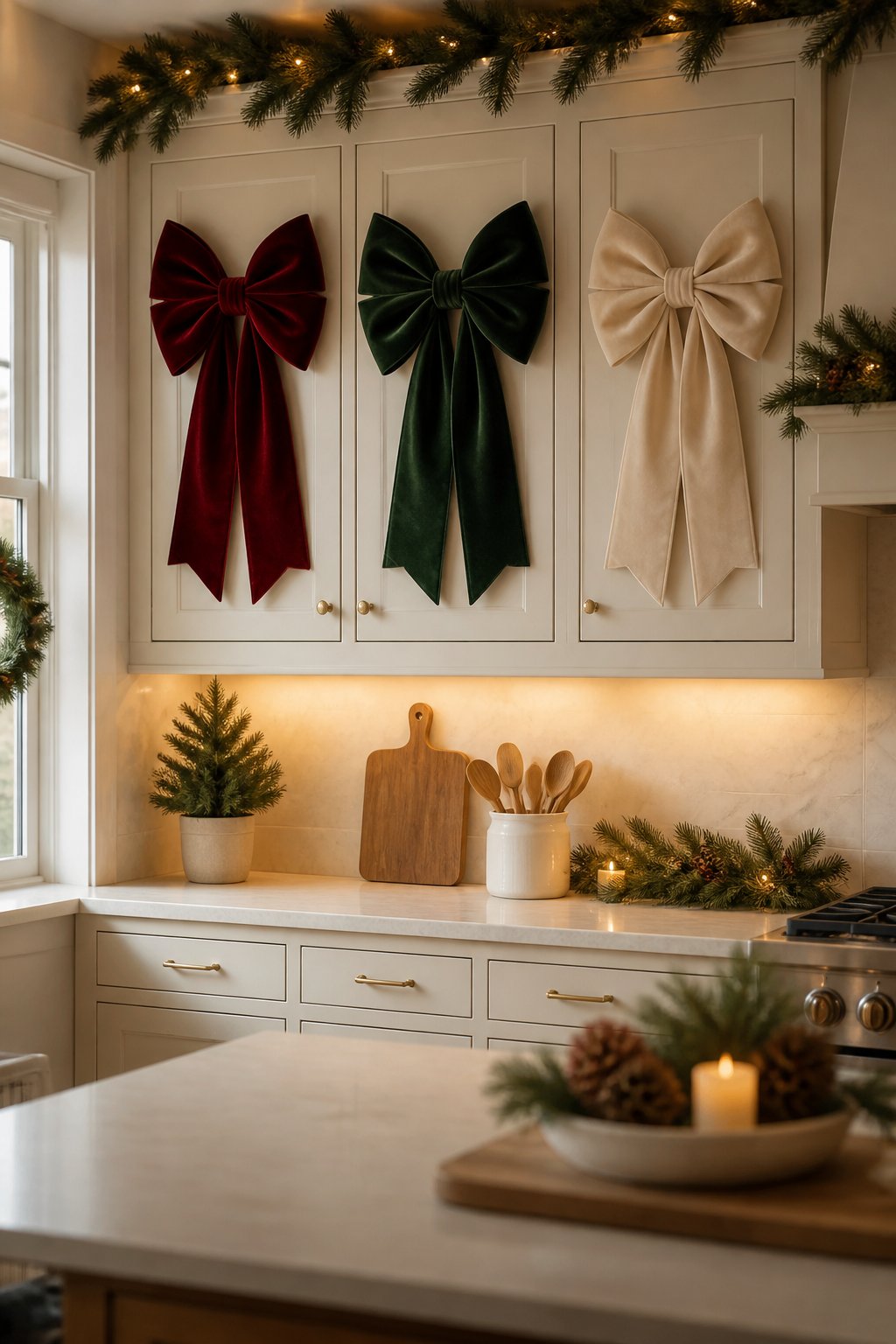 Plush Velvet Bow Trio - decorate kitchen cabinets for christmas