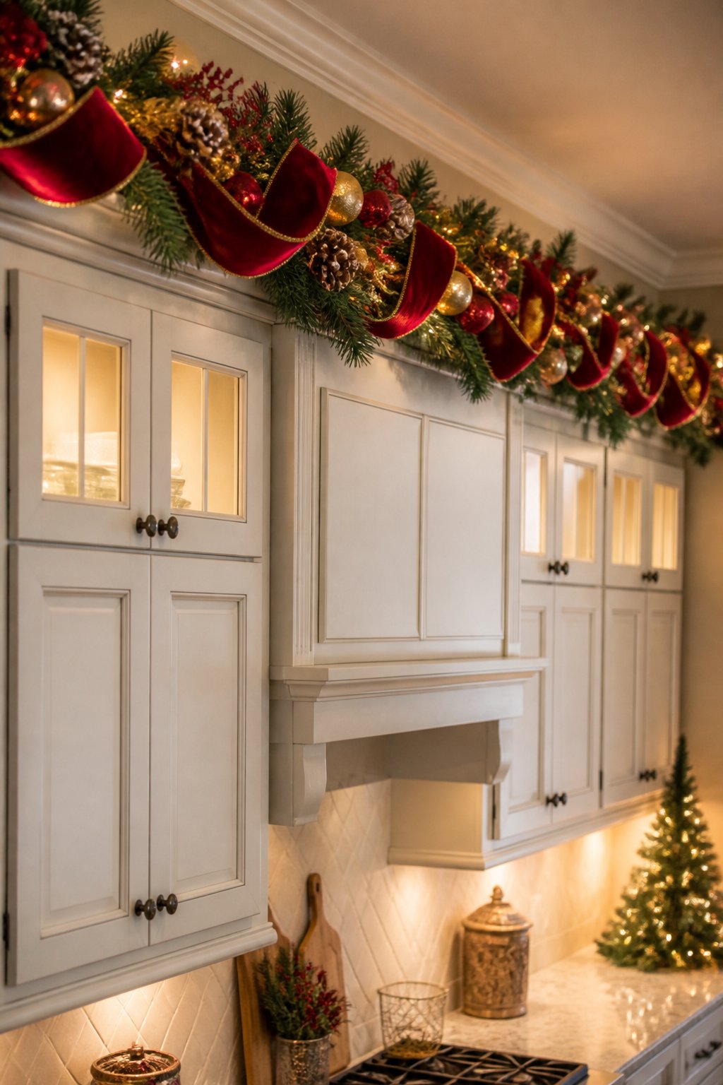 Ribbon Weave Detail - decorate kitchen cabinets for christmas