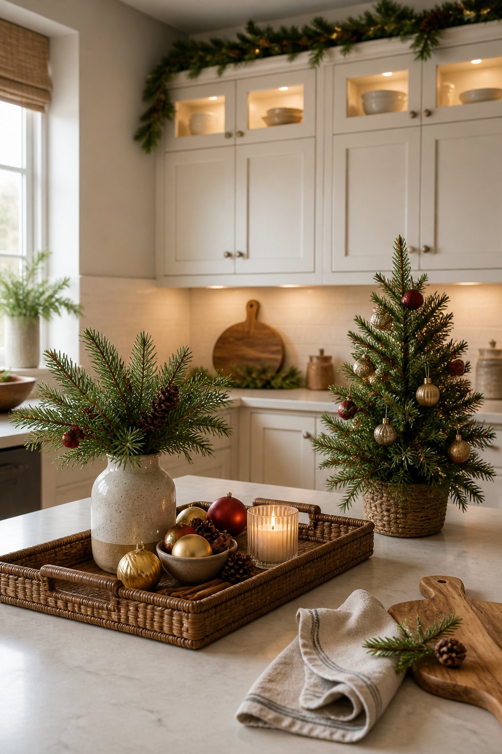 Tray Vignette + Mini Tree - decorate kitchen cabinets for christmas