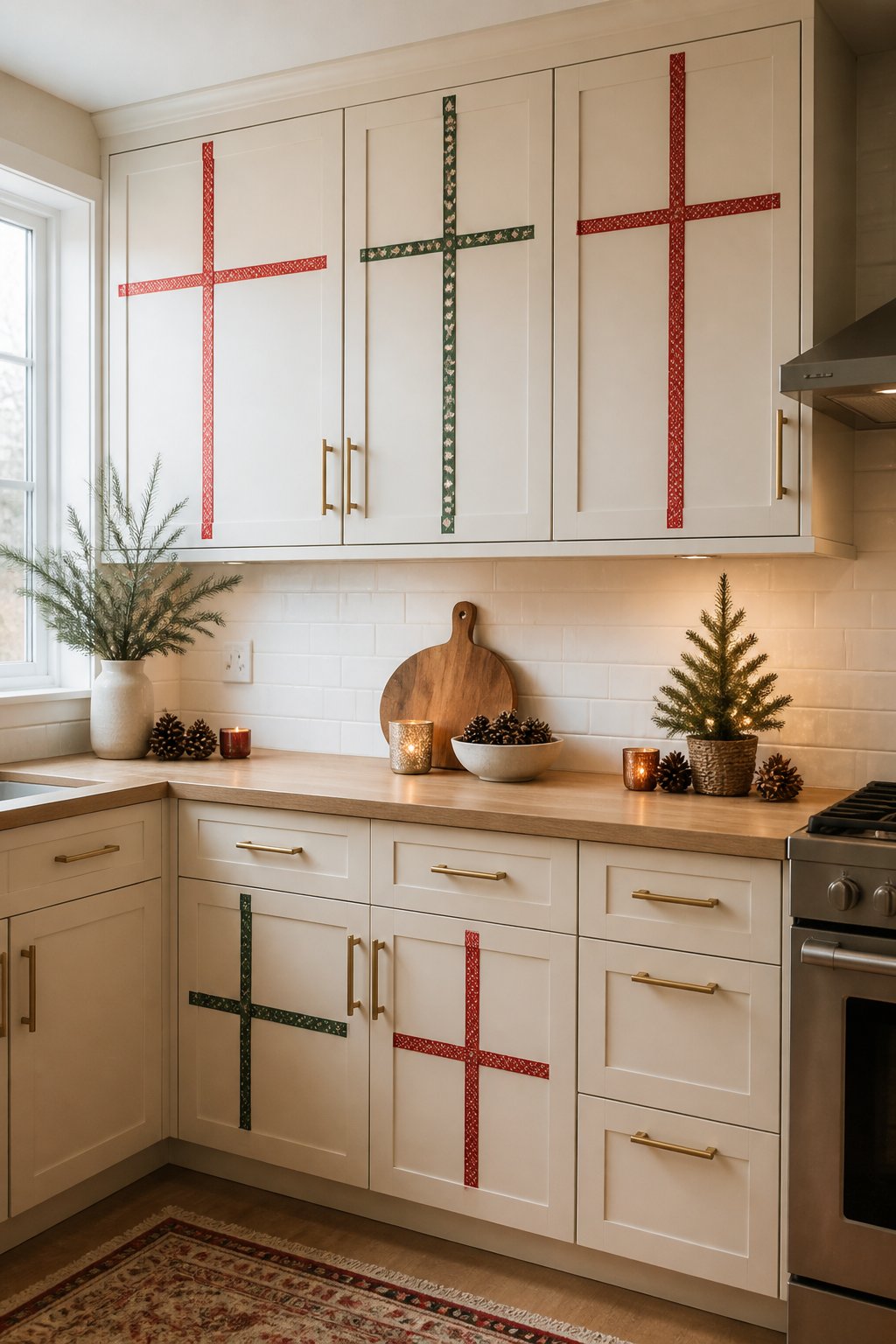 Washi Tape Ribbon Illusion - decorate kitchen cabinets for christmas