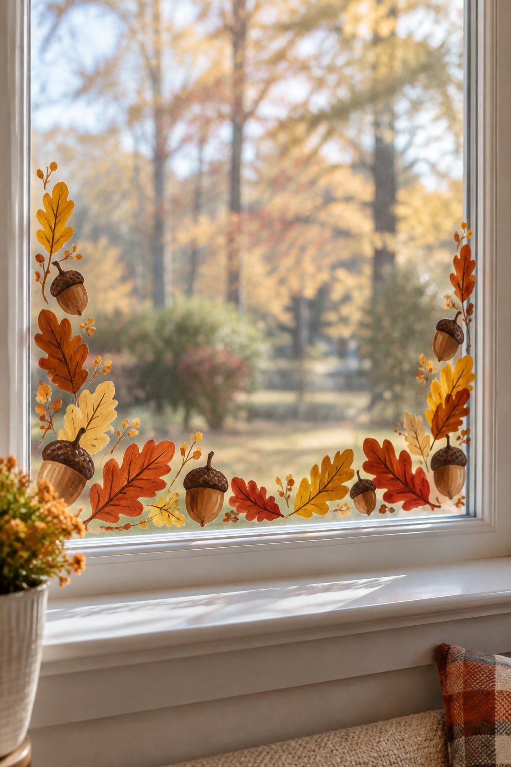 Brown acorns and orange oak leaves painted in a border along the sides and bottom of a picture window.