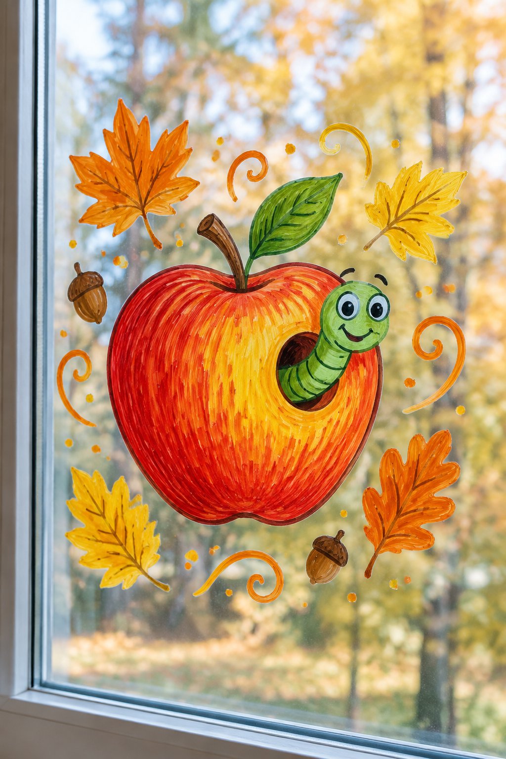 A red apple with a smiling green worm peeking out, surrounded by fall leaves and acorns, painted on a window.