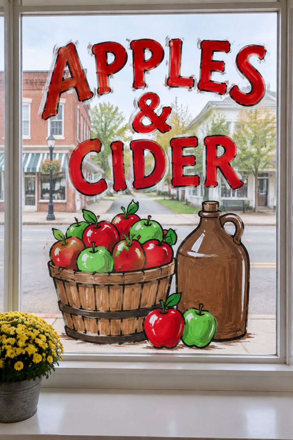 A bushel basket of red and green apples beside a brown cider jug under red Apples & Cider lettering, painted on a market window.