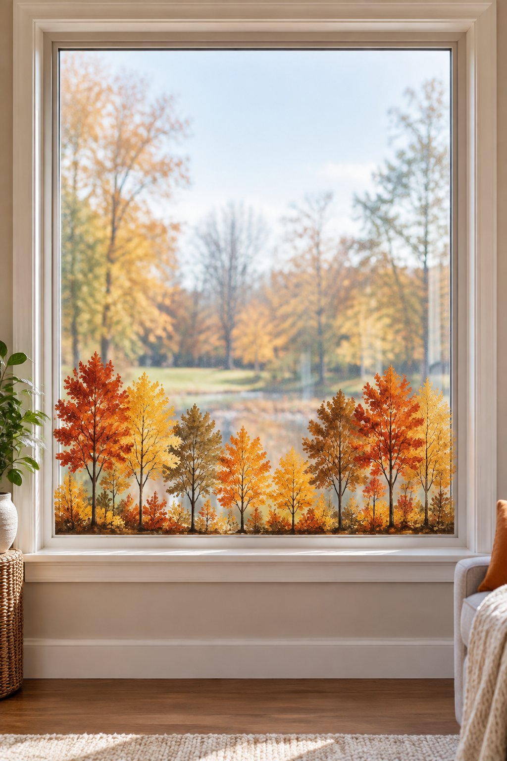 A row of small red, orange, gold and green trees painted along the bottom of a large picture window.