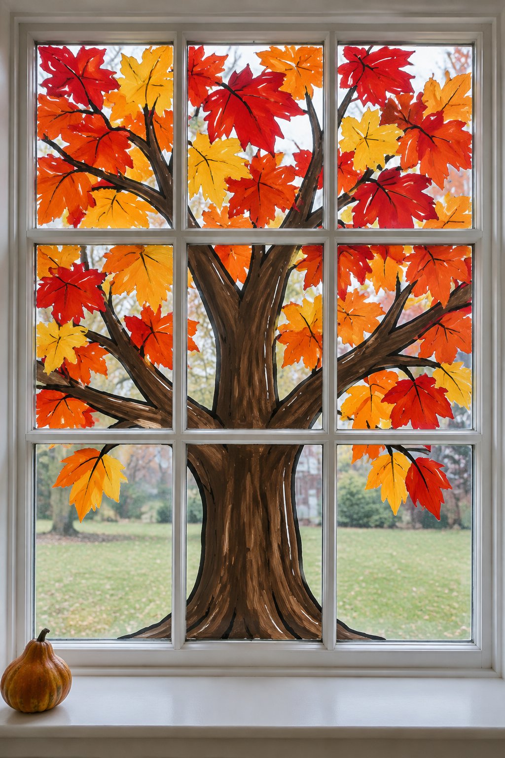 A big maple tree with a brown trunk and red, orange and gold leaves painted pane by pane across a window, with the muntins left bare.